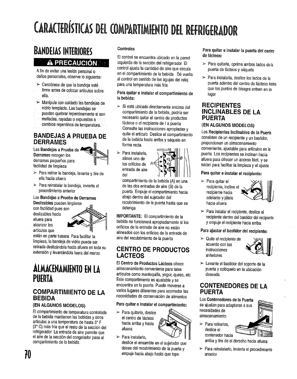 Caraceísticáj dei compartimiento del reerigerádor, Bandejas interiores, Almacenamiento en la puerta | Bandejas irrteriores, Almacenamiento en fa puerta, Bandejas interiores a, Compartimiento de la | Kenmore 596.50012100 User Manual | Page 70 / 88