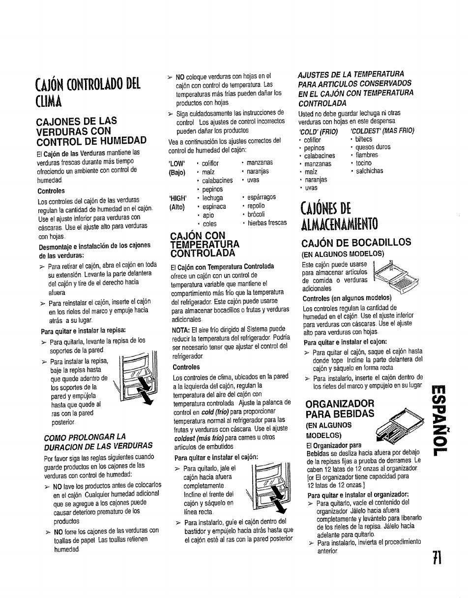 Caión controudo del cuma, Cajon con, Temperatura | Controlada, Cajón de bocadillos, Organizador para bebidas, Cajones de las verduras con control de humedad | Kenmore 596.50012100 User Manual | Page 71 / 88