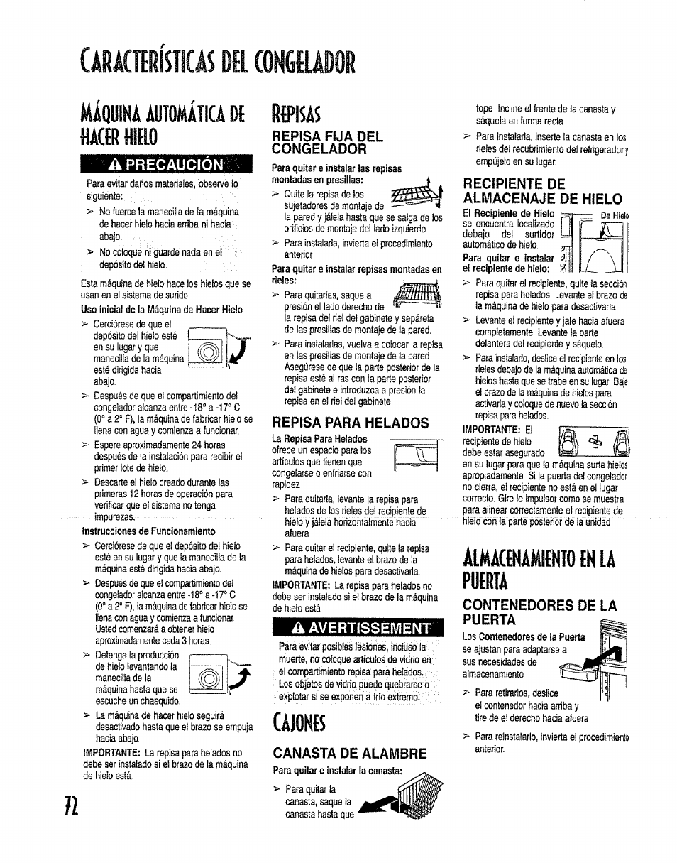 Âraœrîsticàs de congeador, Repisa fija del congelador, Repisa para helados | A avertissement, Caiones, Recipiente de almacenaje de hielo, Almacenamiento en la puerta, Características de! congelador, Cajones, Máquina automática de repisas nacer hielo | Kenmore 596.50012100 User Manual | Page 72 / 88