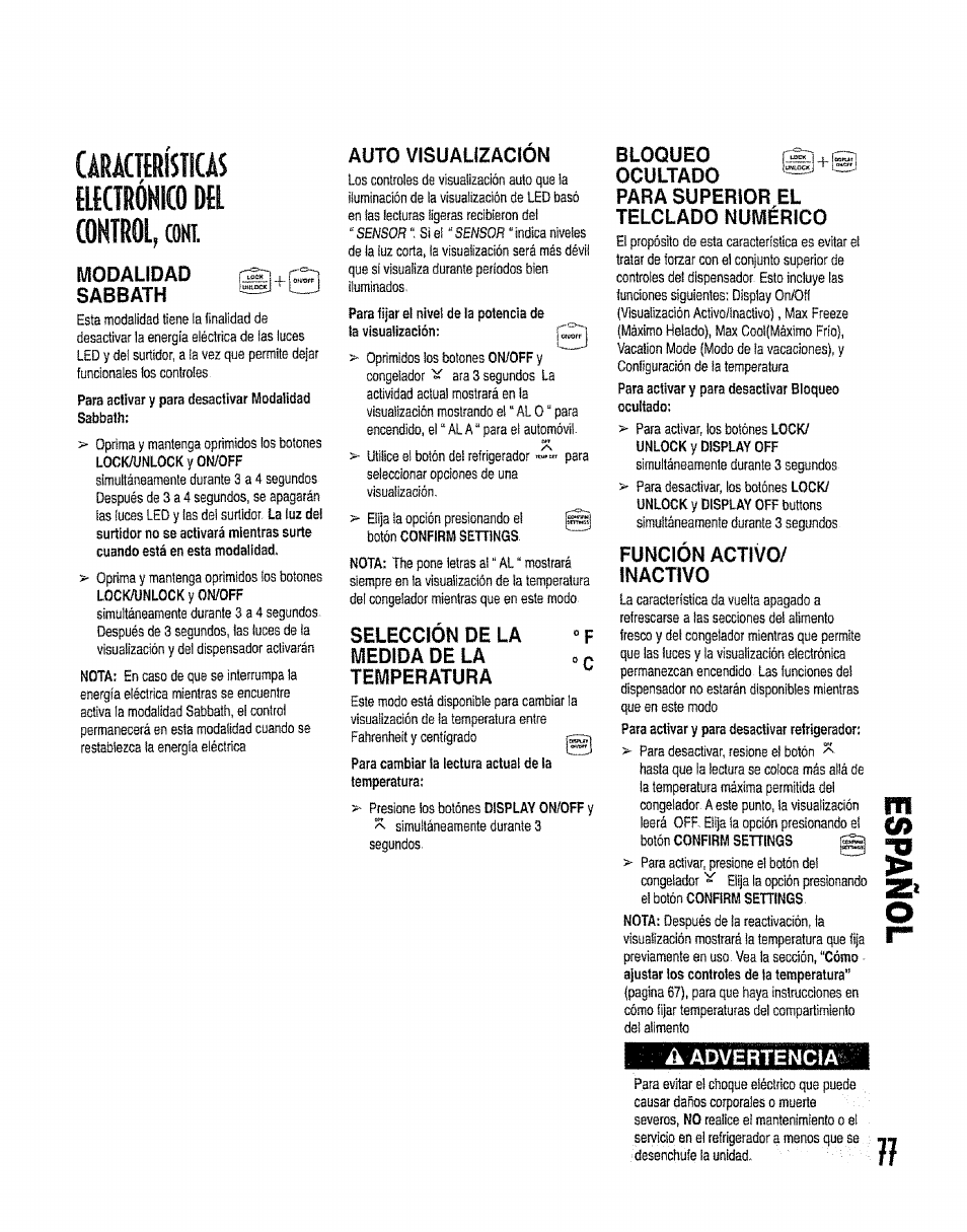 Áraoerims ilktrónko del control, m, Sabbath, Auto visuauzación | Seleccion de la medida de la temperatura, Ocultado, Para superior el, Telclado numérico, Función activo/ inactivo | Kenmore 596.50012100 User Manual | Page 77 / 88