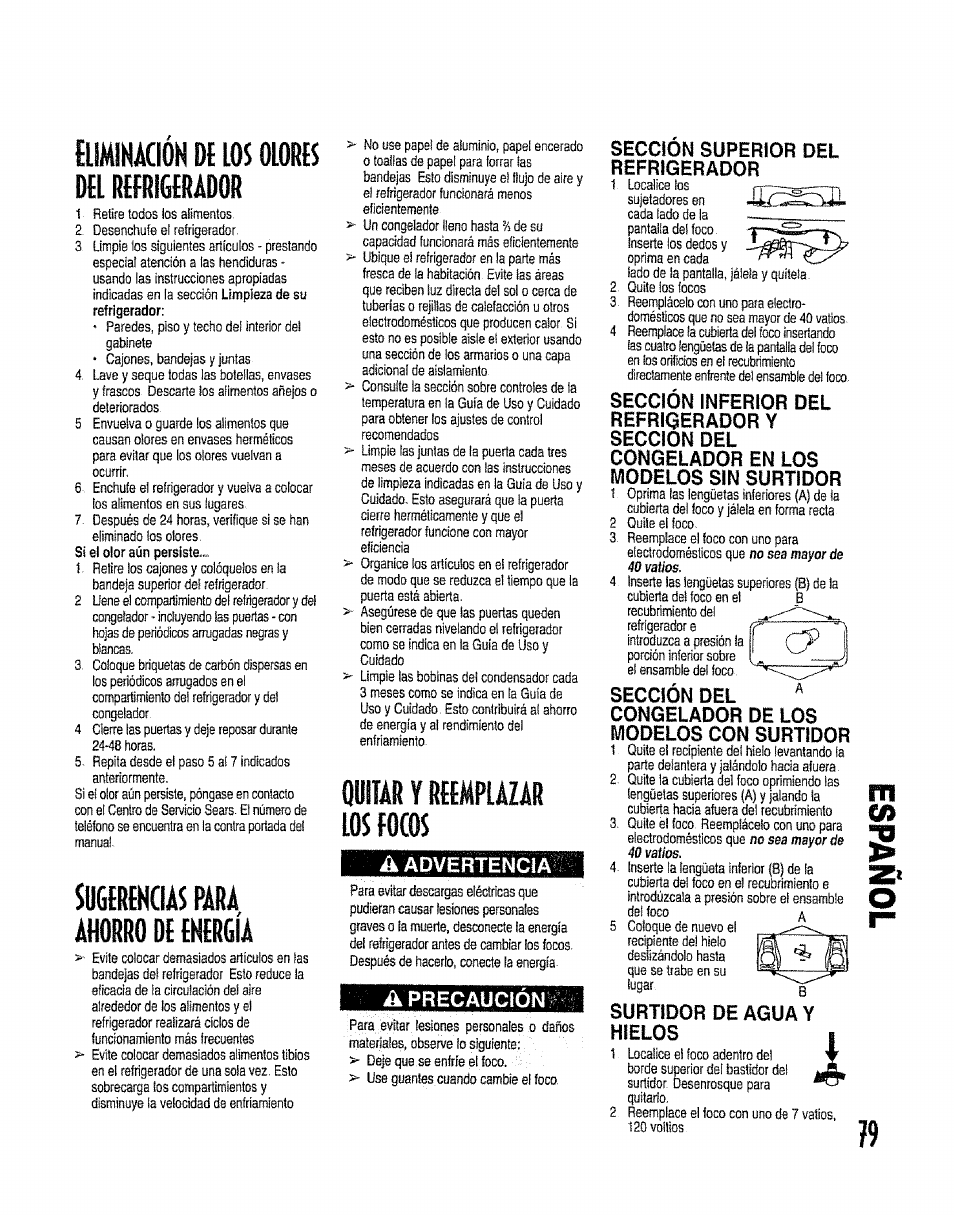 Eiimihaciók de los olores, Sogermas para ahorro de energía, Quitar y reemplazar | Sugerencias para ahorro de energía, Focos | Kenmore 596.50012100 User Manual | Page 79 / 88