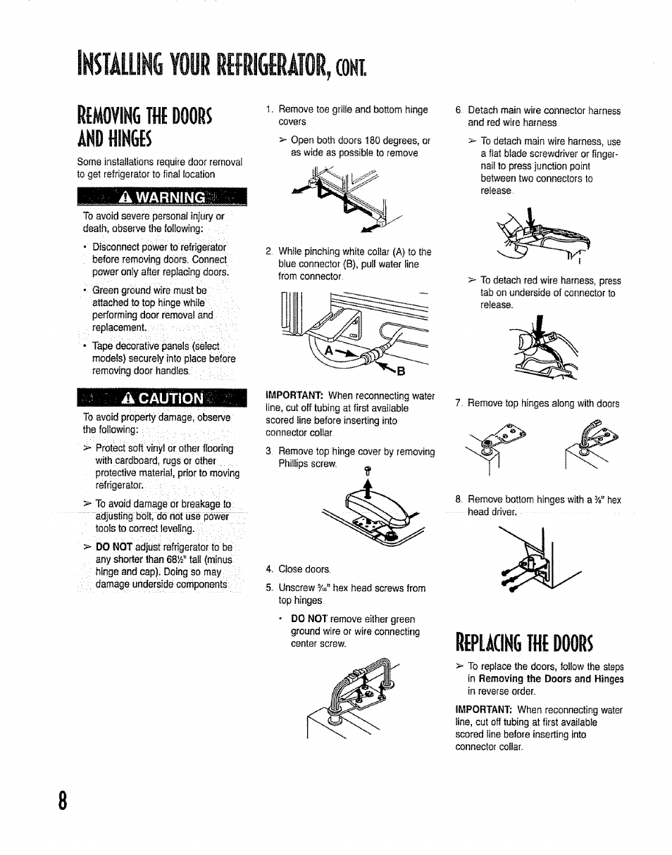 Àwarnlng, Acautlon, Replacing the doors | Stalling your renámcokt, Emoving, Doors | Kenmore 596.50012100 User Manual | Page 8 / 88