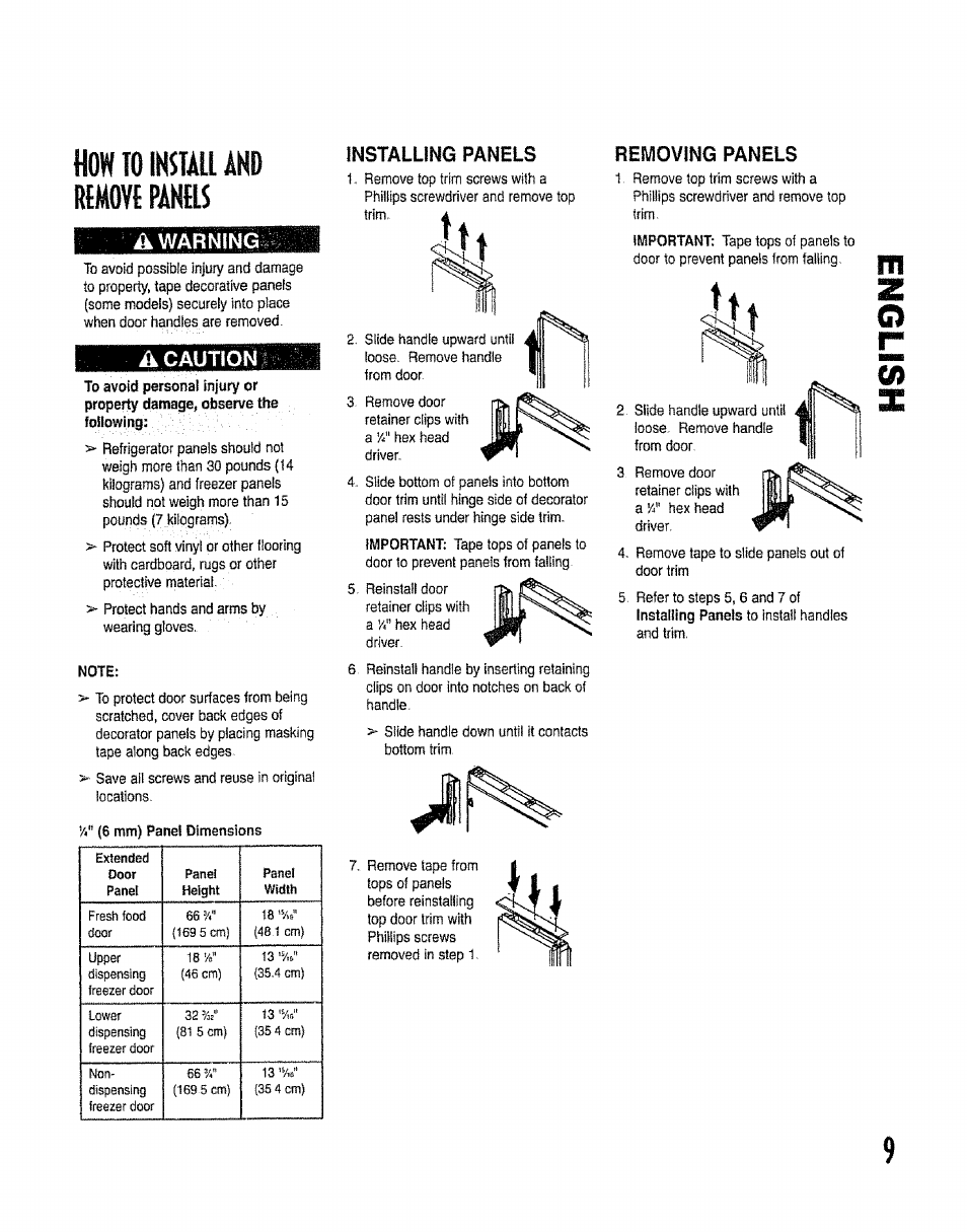 Flow to install and mmove panes, Jk warning, A caution | Installing panels | Kenmore 596.50012100 User Manual | Page 9 / 88