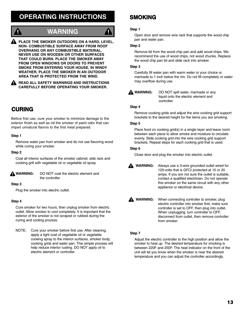 Operating instructions, Warning, Ssm mo ok kiin ng g c cu ur riin ng g | Kenmore 125.15885800 User Manual | Page 13 / 30