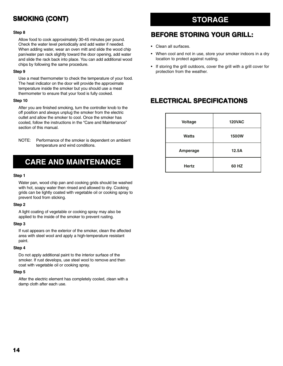 Care and maintenance storage | Kenmore 125.15885800 User Manual | Page 14 / 30