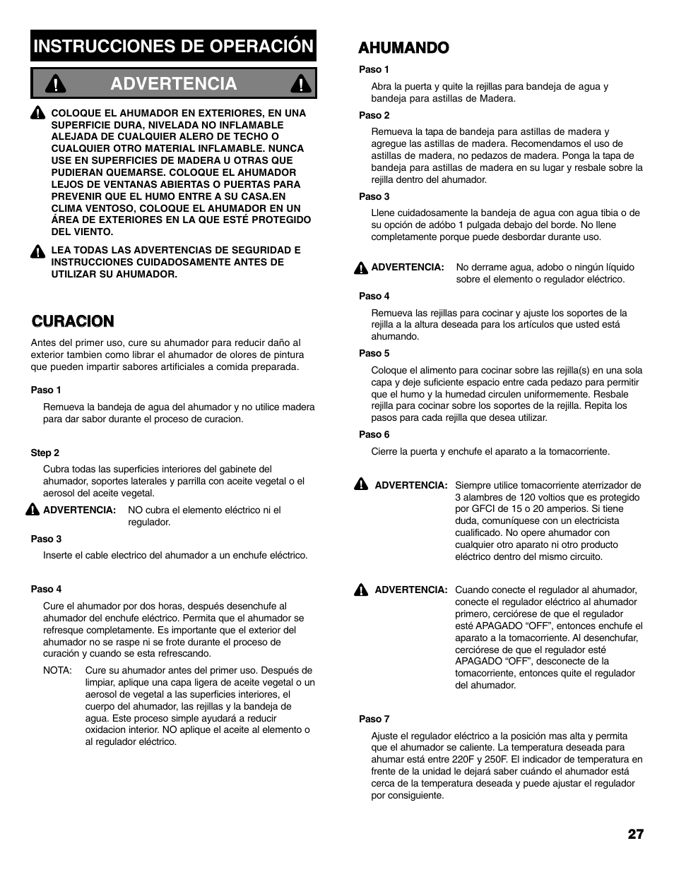 Instrucciones de operación, Advertencia, Aah hu um ma an nd do o c cu ur ra ac ciio on n | Kenmore 125.15885800 User Manual | Page 27 / 30