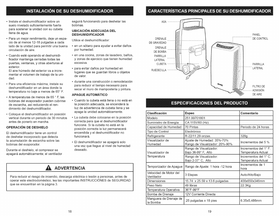 Caracteristicas principales de su deshumidificador, A advertencia | Kenmore 251.90701 User Manual | Page 10 / 15