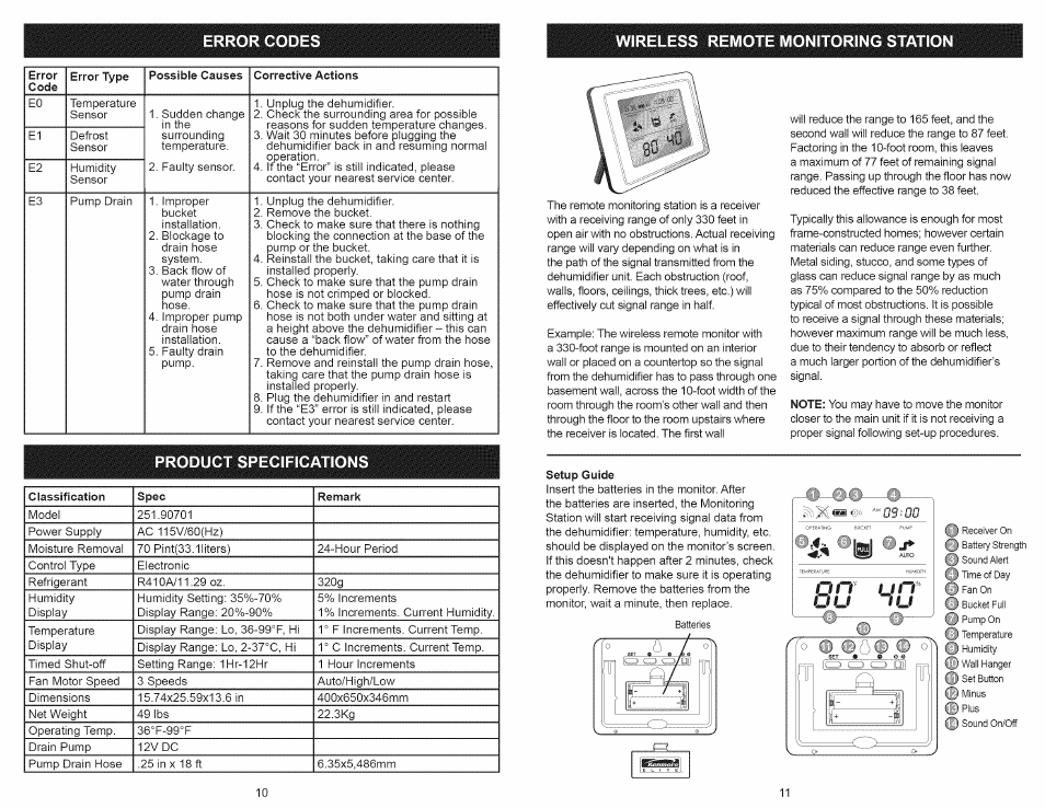 Error codes, Wireless remote monitoring station, Product specifications | Wireless remote station -12 | Kenmore 251.90701 User Manual | Page 6 / 15