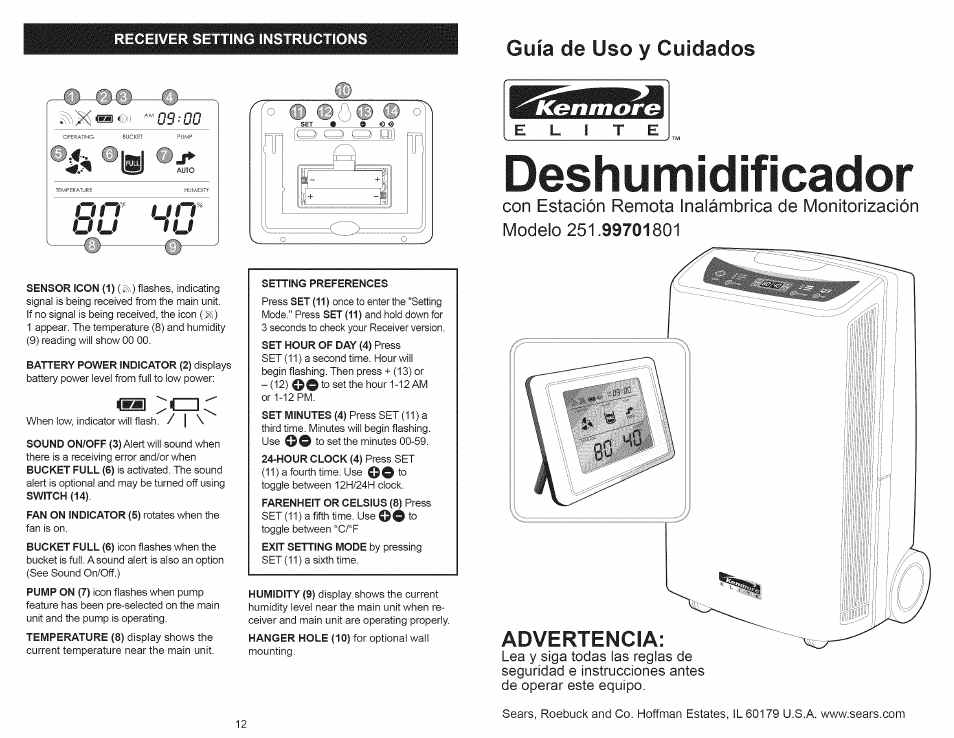 Receiver setting instruction, Deshumidificador, Receiver setting instructions | Guía de uso y cuidados | Kenmore 251.90701 User Manual | Page 7 / 15