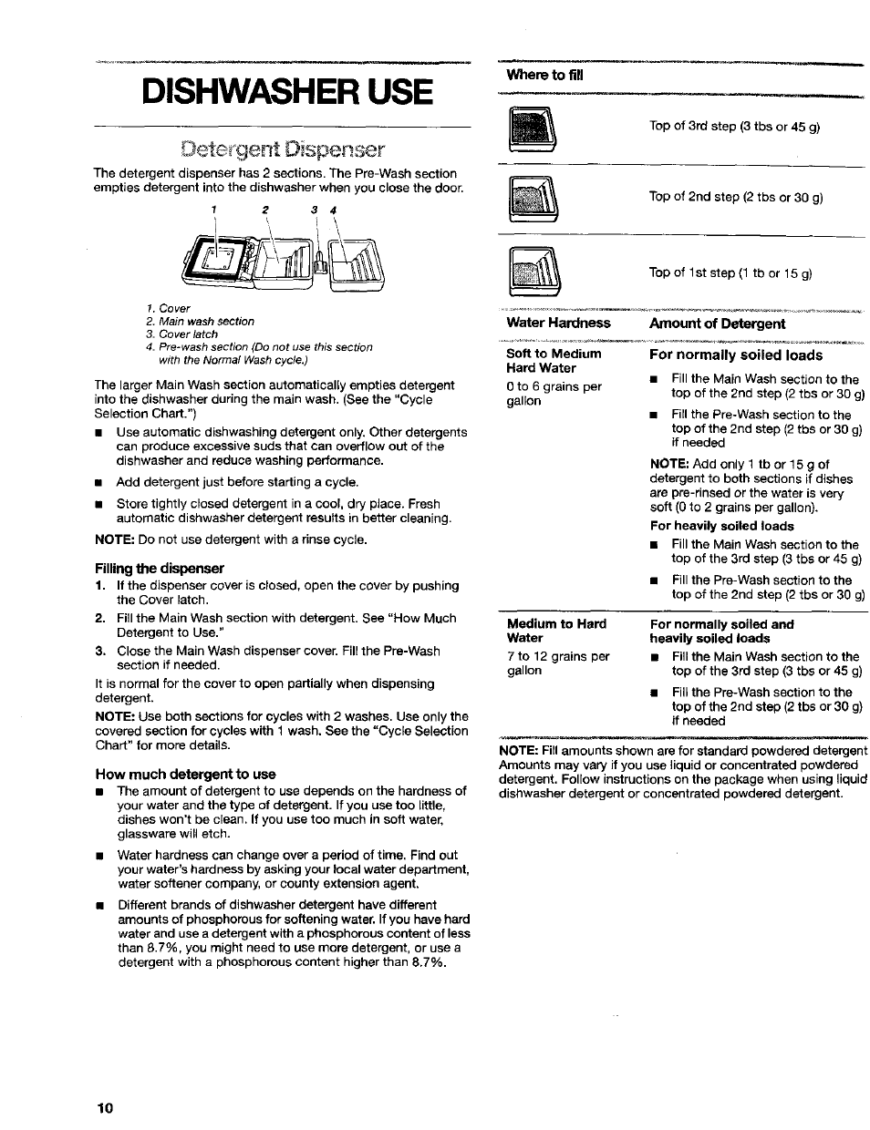 Dishwasher use, Detergent dispenser | Kenmore 665.16652 User Manual | Page 10 / 20