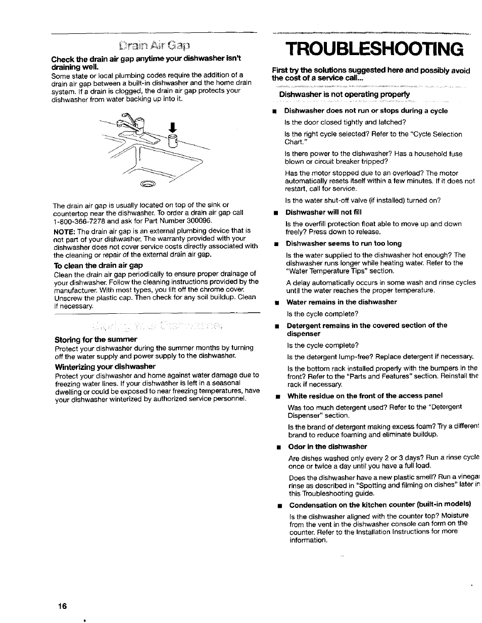 Storing forth© summer, Dishwasher is not operating property, Troubleshooting | Drain air gap | Kenmore 665.16652 User Manual | Page 16 / 20