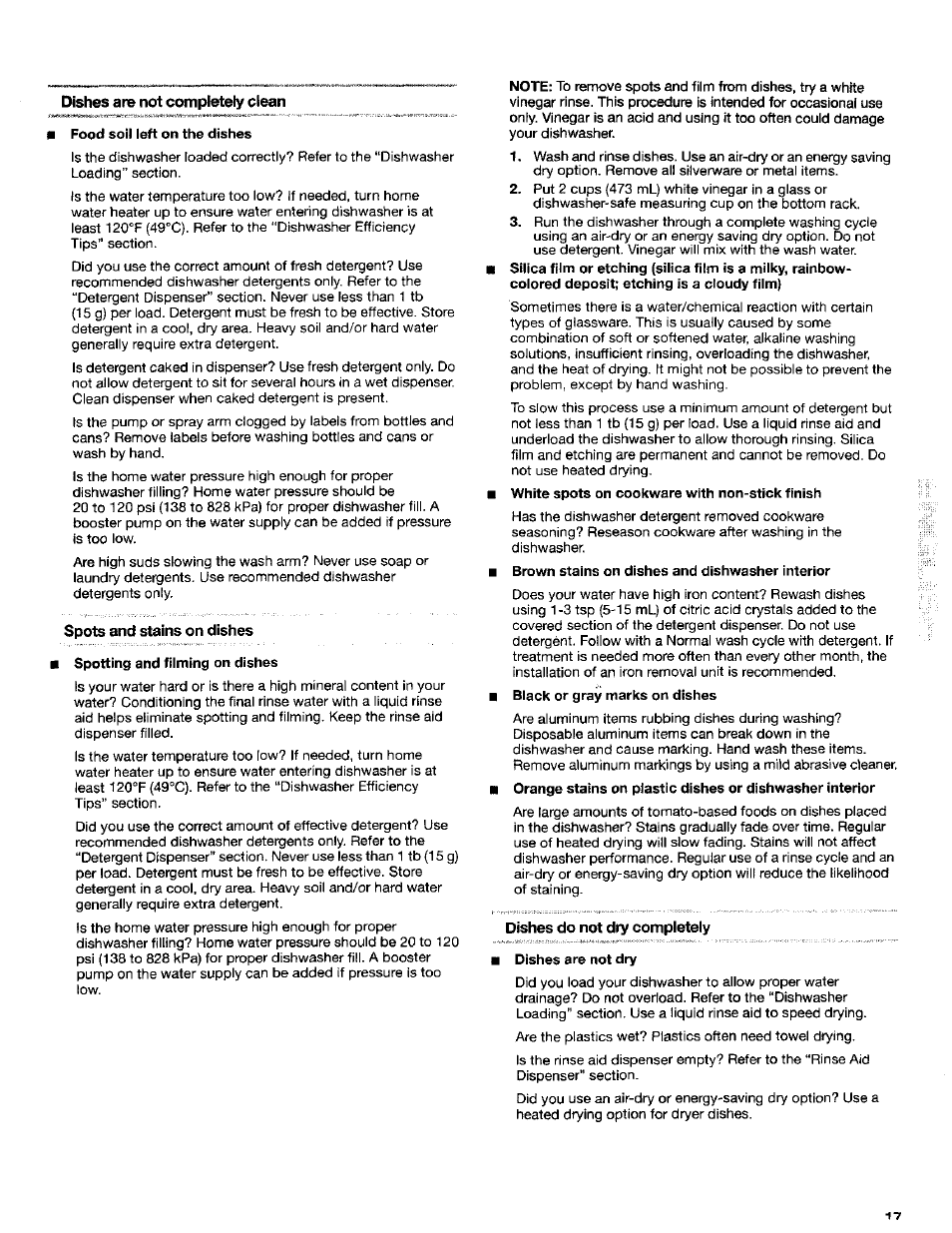 Dishes are not completely clean, Spots and stains on dishes, Dishes do not dry completely | Kenmore 665.16652 User Manual | Page 17 / 20