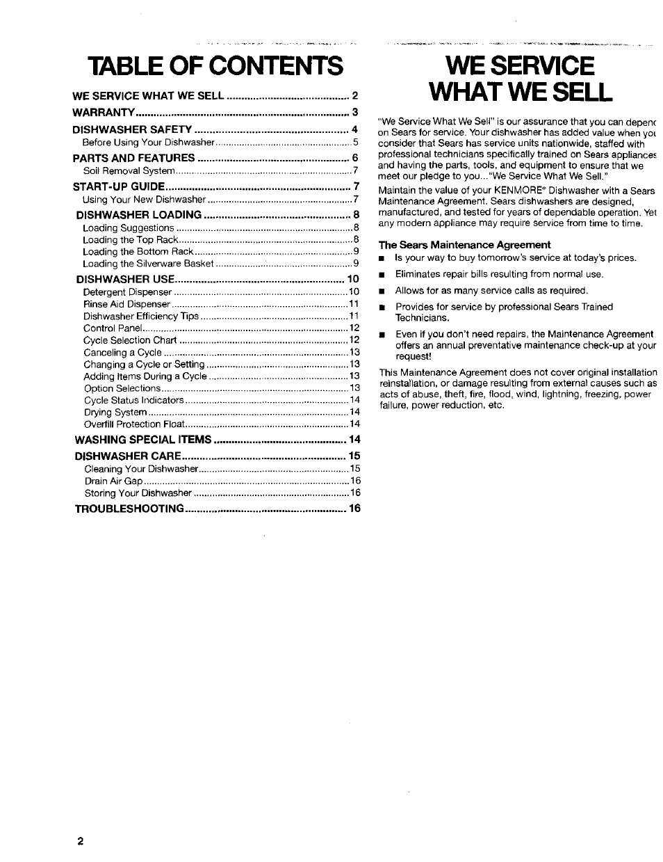 Table of contents we service, What we sell | Kenmore 665.16652 User Manual | Page 2 / 20