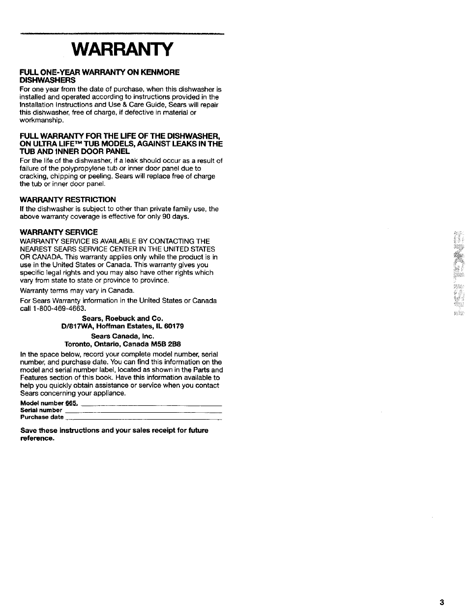 Full one-year warranty on kenmore dishwashers, Warranty restriction, Warranty service | Warranty | Kenmore 665.16652 User Manual | Page 3 / 20