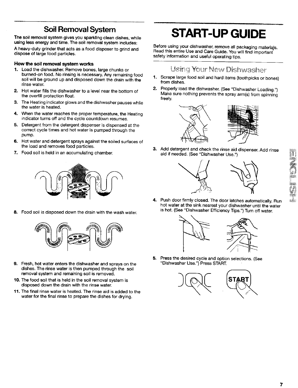 How the soil removal system works, Start-up guide, Soil removal system | Using '^ur mew dishwasher | Kenmore 665.16652 User Manual | Page 7 / 20