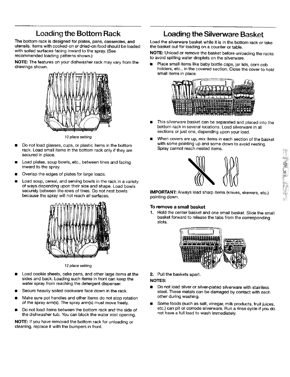 To remove a small basket, Loading the bottom rack, Loading the silverware basket | Kenmore 665.16652 User Manual | Page 9 / 20