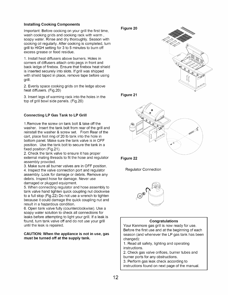 Figure 20, Figure 21, Connecting lp gas tank to lp grill | Figure 22, Congratulations | Kenmore 640-26629611-0 User Manual | Page 12 / 19