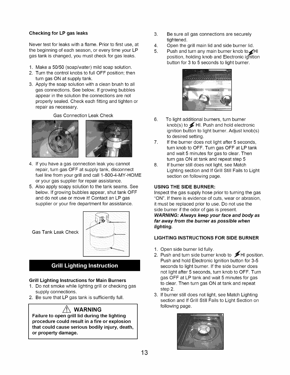 Checking for lp gas leaks, Grill lighting instruction, Grill lighting instructions for main burners | Using the side burner, Lighting instructions for side burner, Warning | Kenmore 640-26629611-0 User Manual | Page 13 / 19