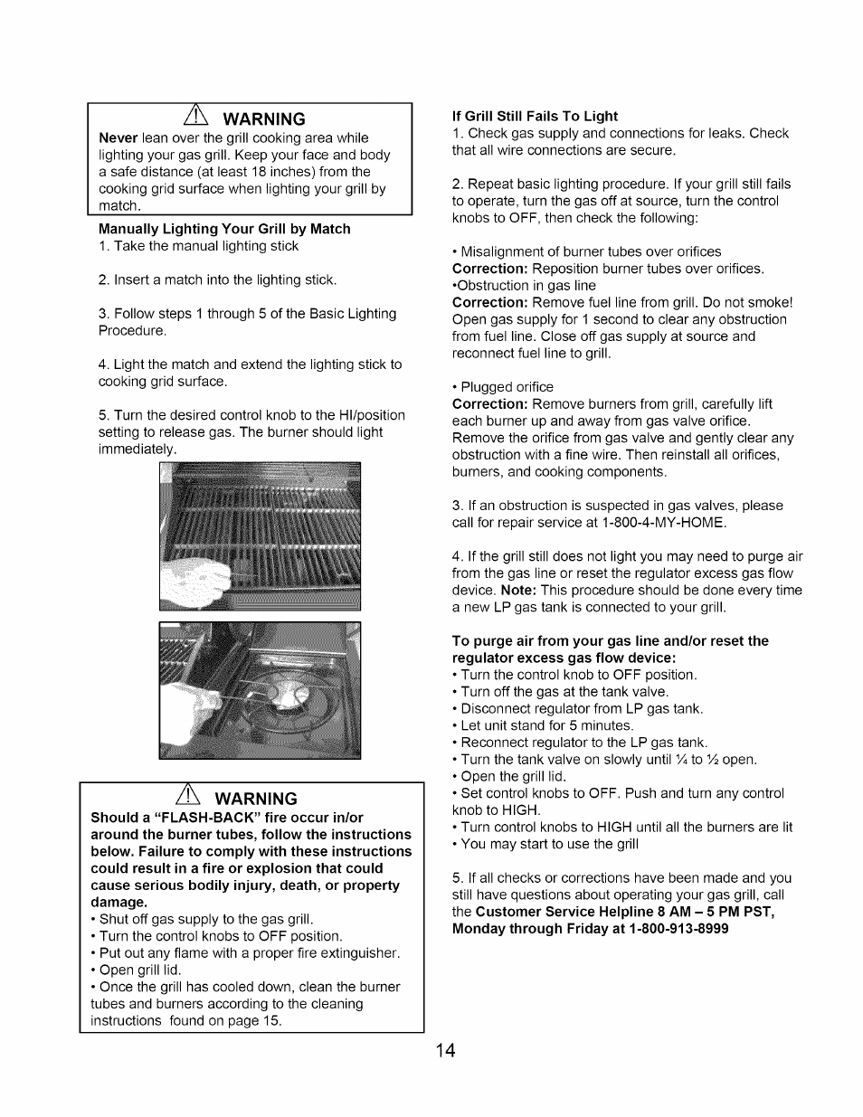 If grill still fails to light, Warning | Kenmore 640-26629611-0 User Manual | Page 14 / 19