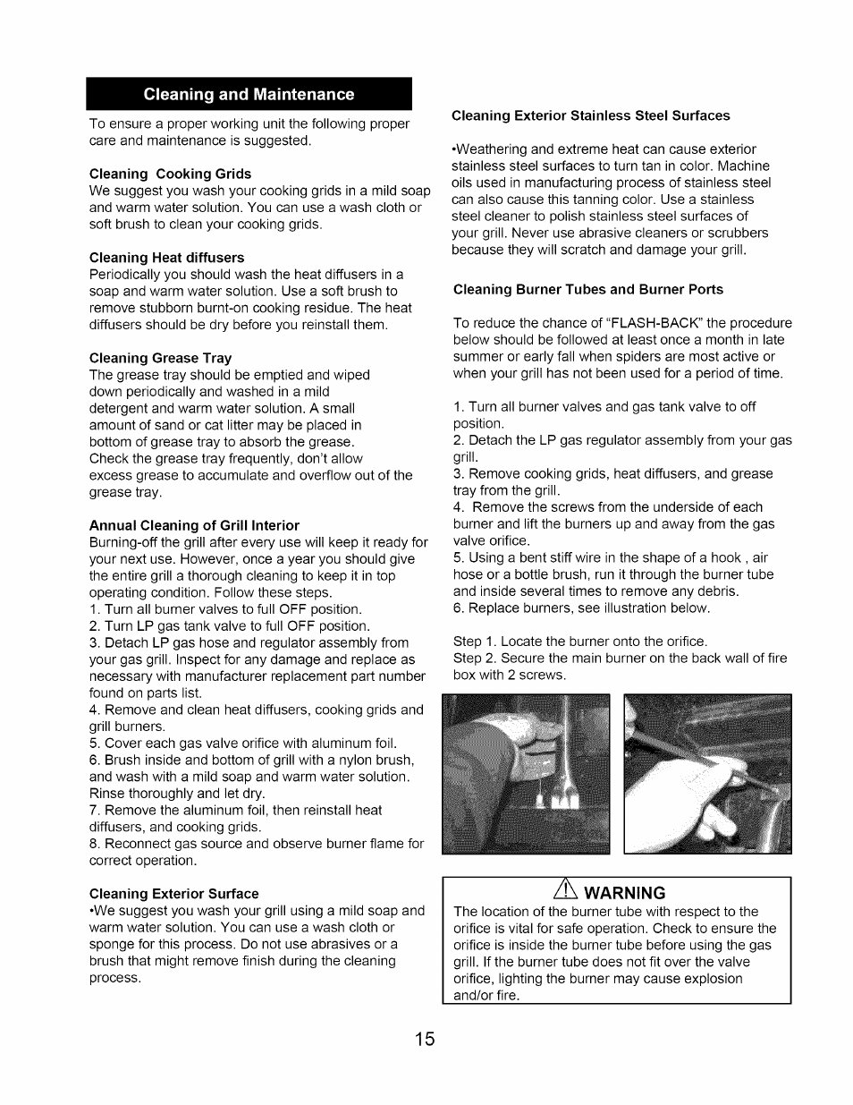 Cleaning and maintenance, Cleaning cooking grids, Cleaning heat diffusers | Cleaning grease tray, Annual cleaning of grill interior, Cleaning exterior surface, Cleaning burner tubes and burner ports, Warning | Kenmore 640-26629611-0 User Manual | Page 15 / 19