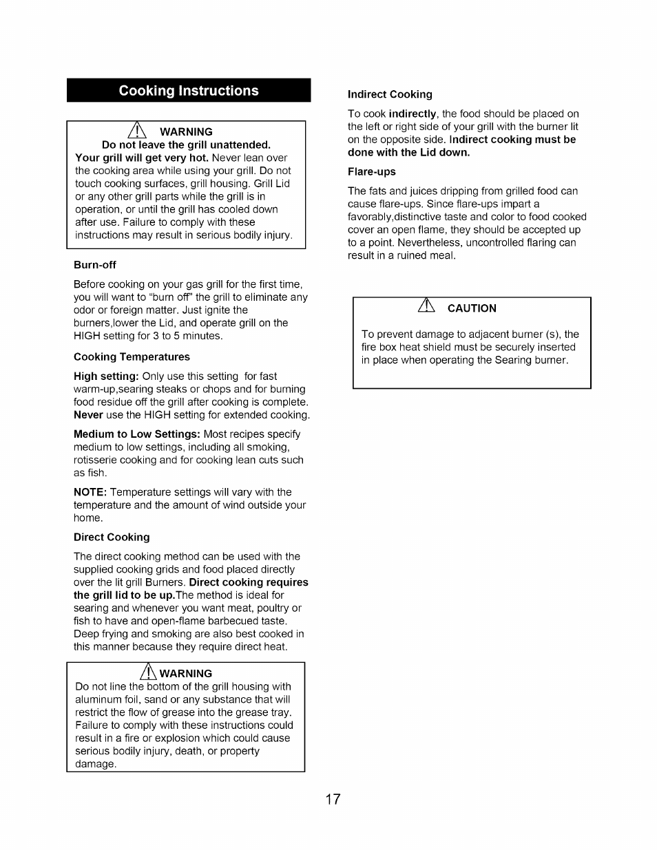 Burn-off, Cooking temperatures, A warning | Caution, Cooking instructions | Kenmore 640-26629611-0 User Manual | Page 17 / 19