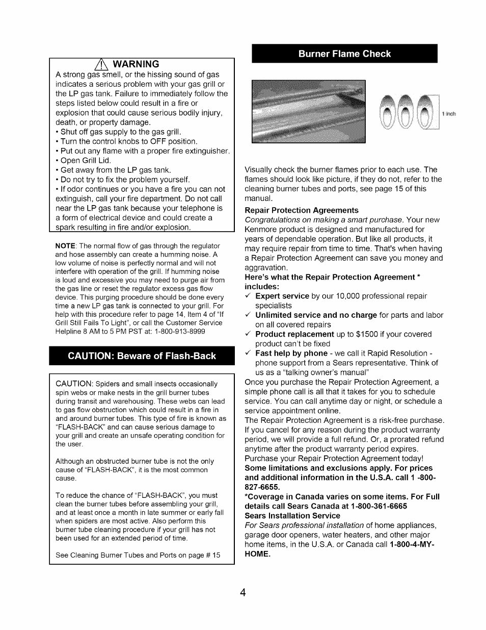 Burner flame check, Warning, Caution: beware of flash-back | Kenmore 640-26629611-0 User Manual | Page 4 / 19