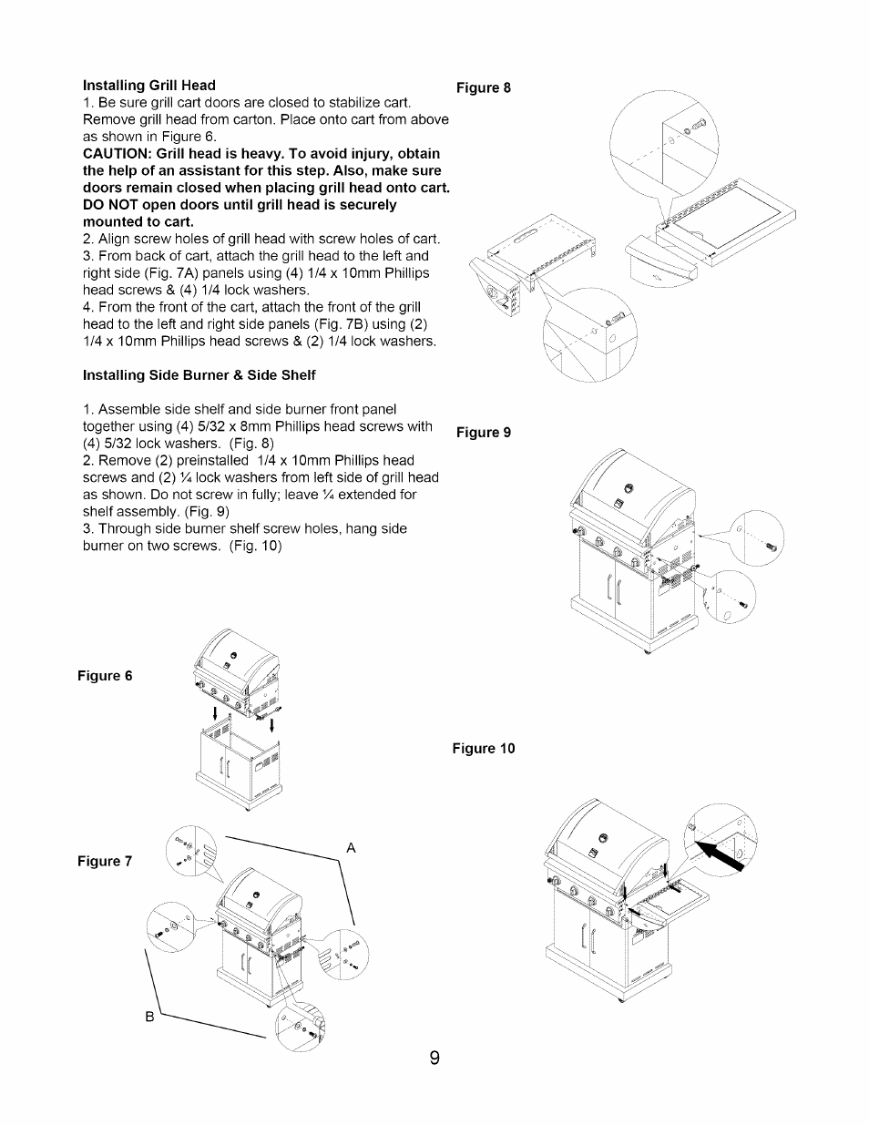 Installing grill head, Installing side burner & side shelf | Kenmore 640-26629611-0 User Manual | Page 9 / 19