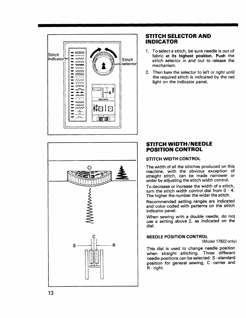 Stitch selector and indicator, Stitch width/needle position control, Stitch width control | Needle position control | Kenmore 17922 User Manual | Page 14 / 48