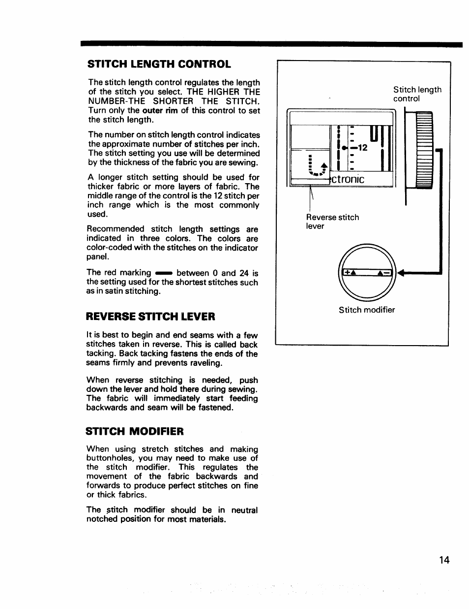 Stitch length control, Reverse stitch lever, Stitch modifier | Kenmore 17922 User Manual | Page 15 / 48