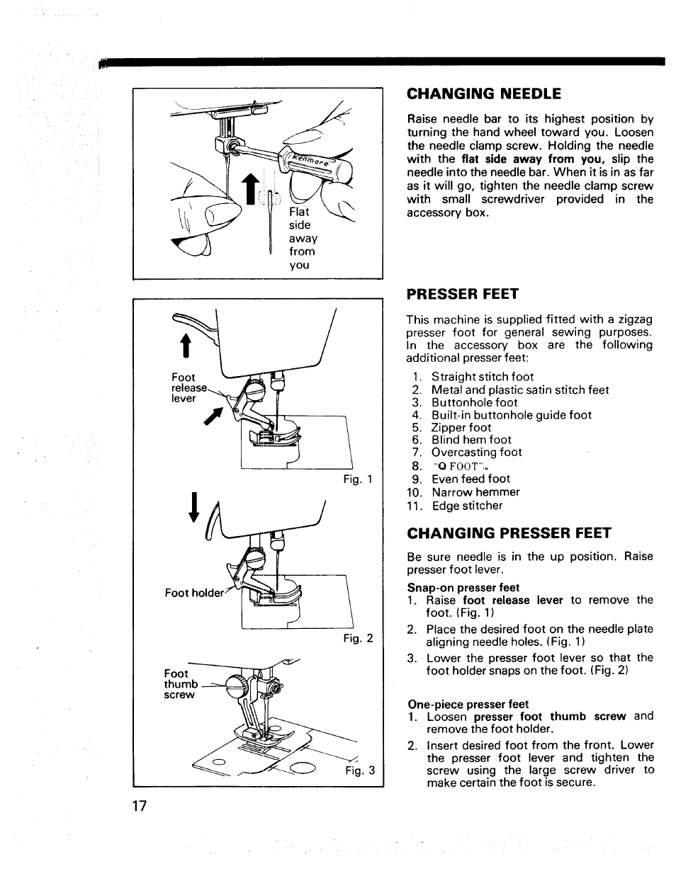 Changing needle, Presser feet, Changing presser feet | Kenmore 17922 User Manual | Page 18 / 48