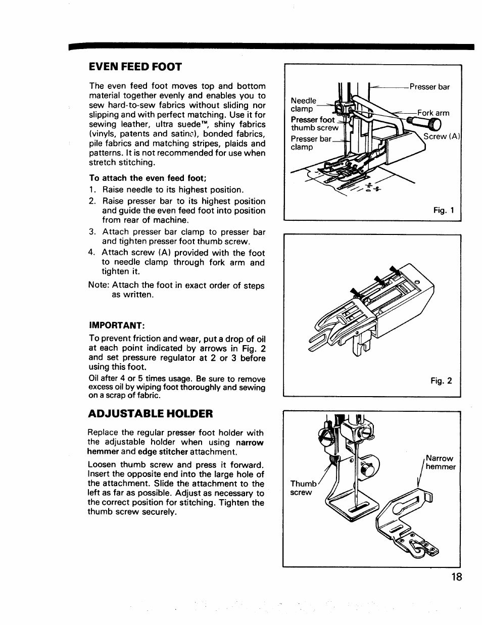 Even feed foot, Important, Adjustable holder | Kenmore 17922 User Manual | Page 19 / 48