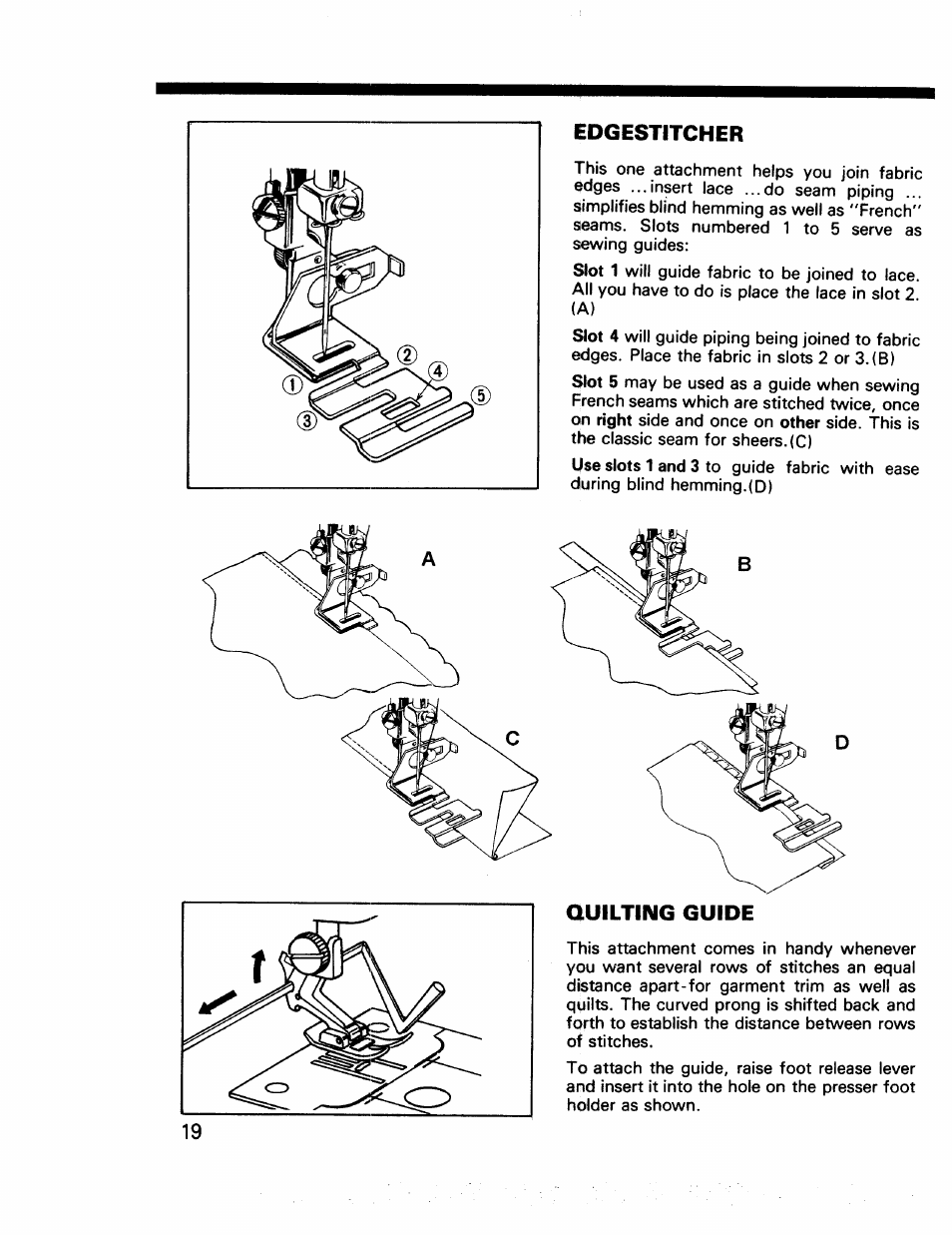 Edgestitcher, Quilting guide | Kenmore 17922 User Manual | Page 20 / 48