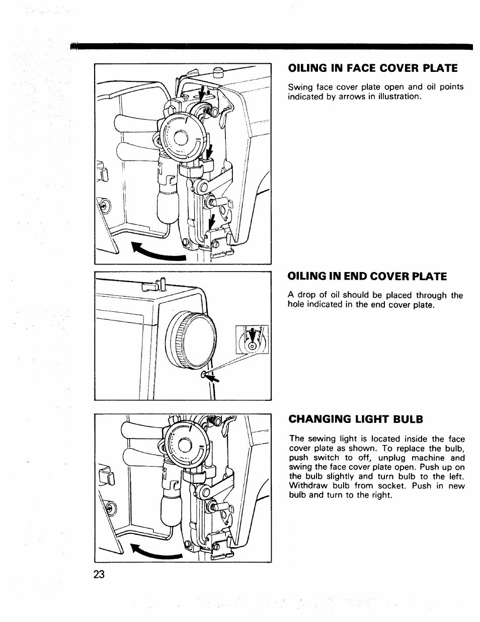 Oiling in end cover plate, Changing light bulb | Kenmore 17922 User Manual | Page 24 / 48