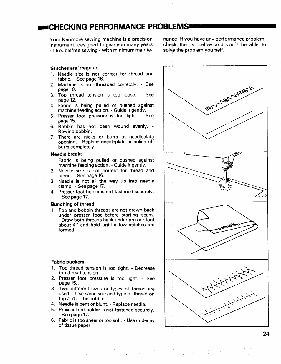 Stitches are irregular, Fabric puckers, Checking performance probliems | Kenmore 17922 User Manual | Page 25 / 48