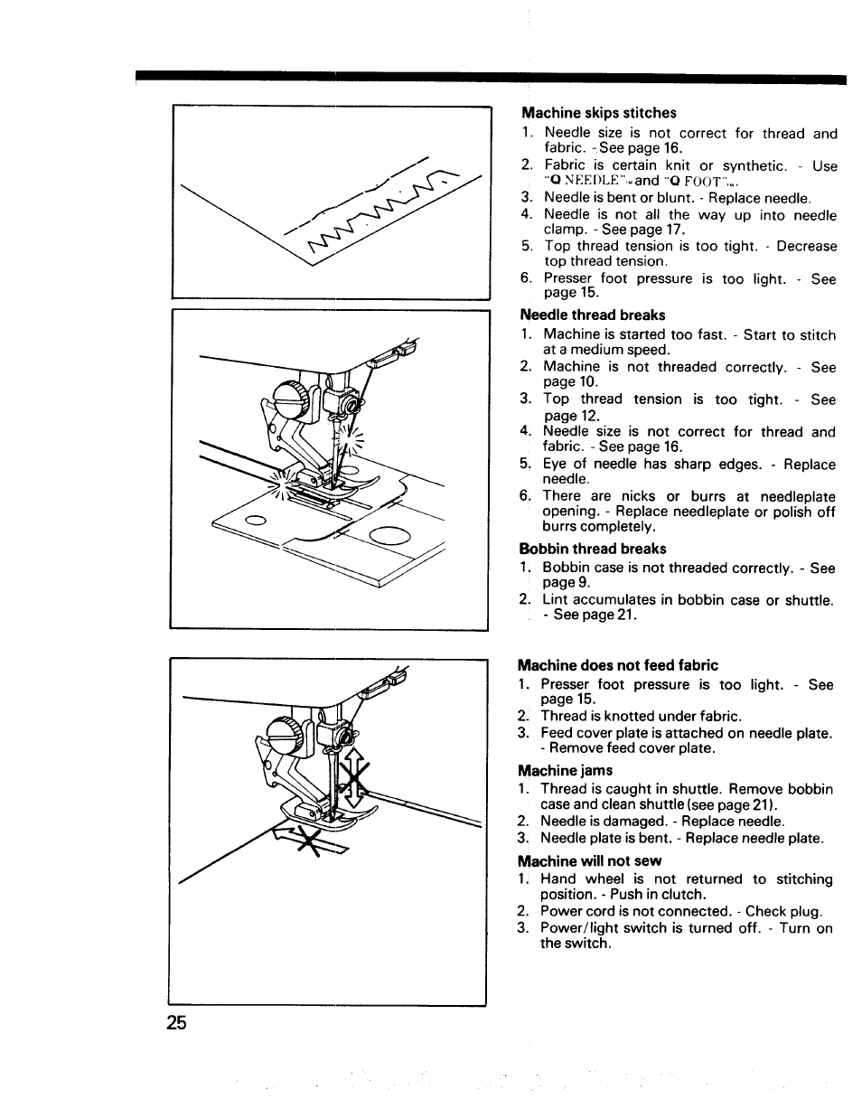 Machine skips stitches, Machine does not feed fabric | Kenmore 17922 User Manual | Page 26 / 48