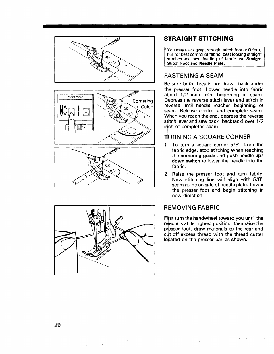 Straight stitching, Astening aseaivi, Removing fabric | Straight stitching -32, Lo_j | Kenmore 17922 User Manual | Page 30 / 48