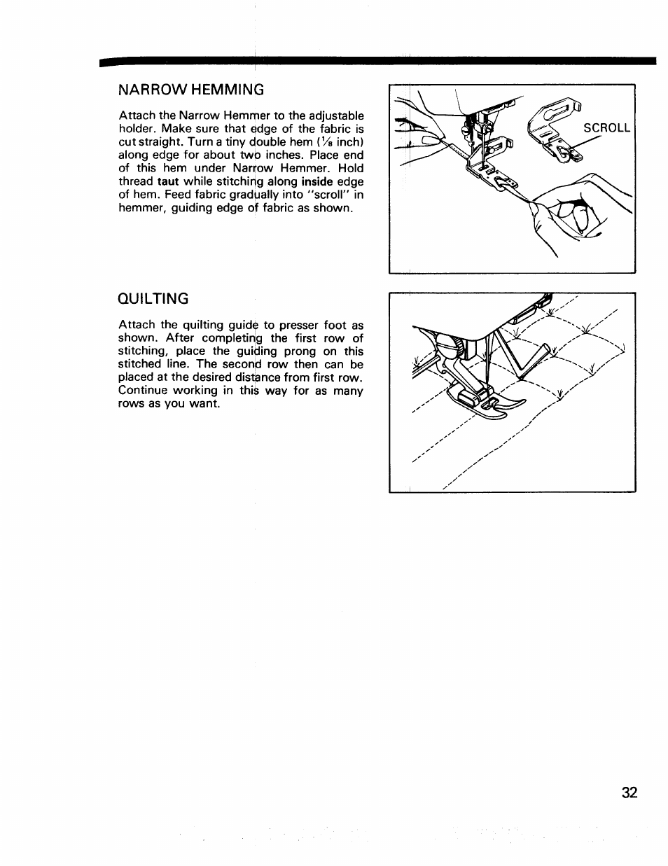 Narrow hemming, Quilting | Kenmore 17922 User Manual | Page 33 / 48