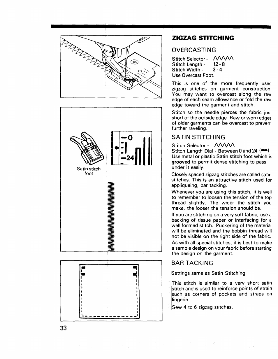 Zigzag stitching, Overcasting, Satin stitching | Bar tacking | Kenmore 17922 User Manual | Page 34 / 48