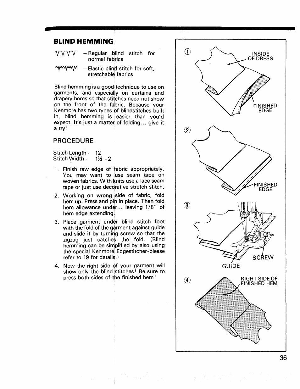 Blind hemming, Procedure | Kenmore 17922 User Manual | Page 37 / 48