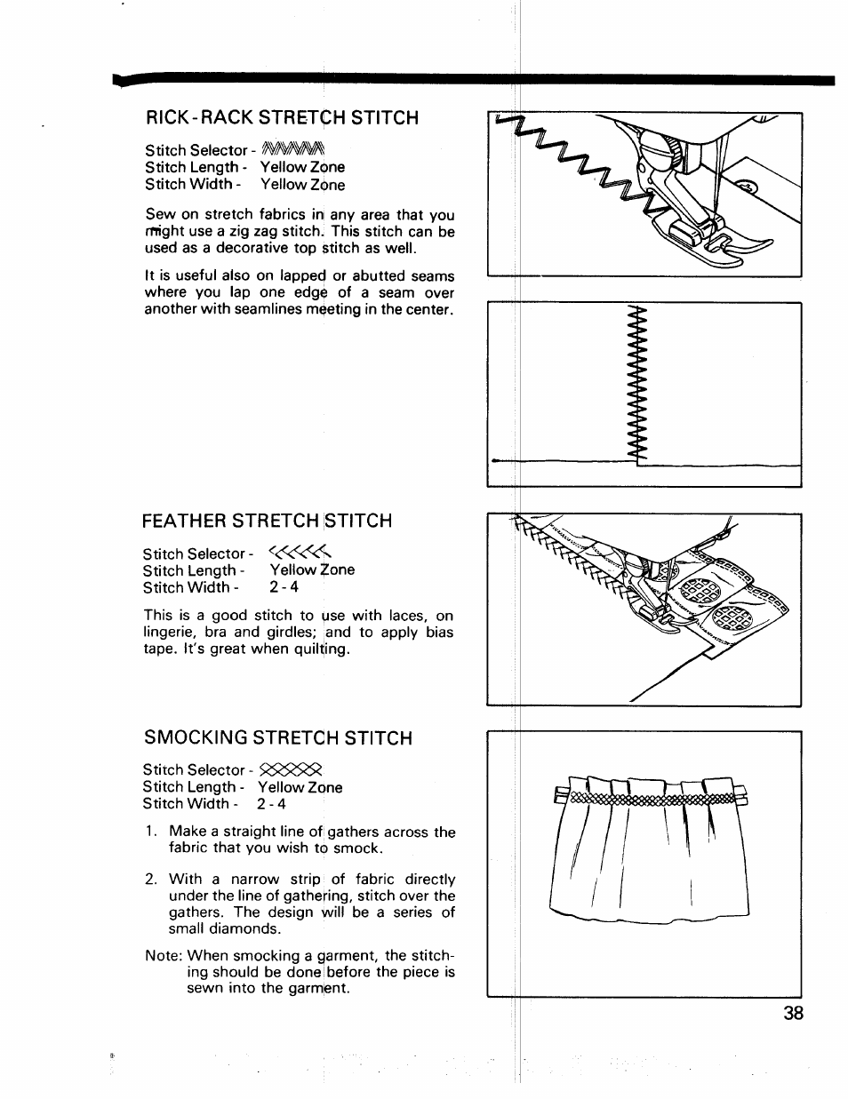 Rick-rack stretch stitch, Feather stretch stitch, Smocking stretch stitch | Kenmore 17922 User Manual | Page 39 / 48