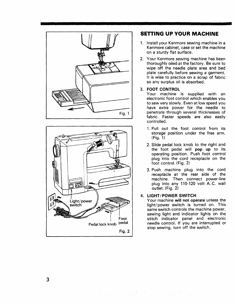 Foot control, Light/power switch, Setting up your machine | Kenmore 17922 User Manual | Page 4 / 48