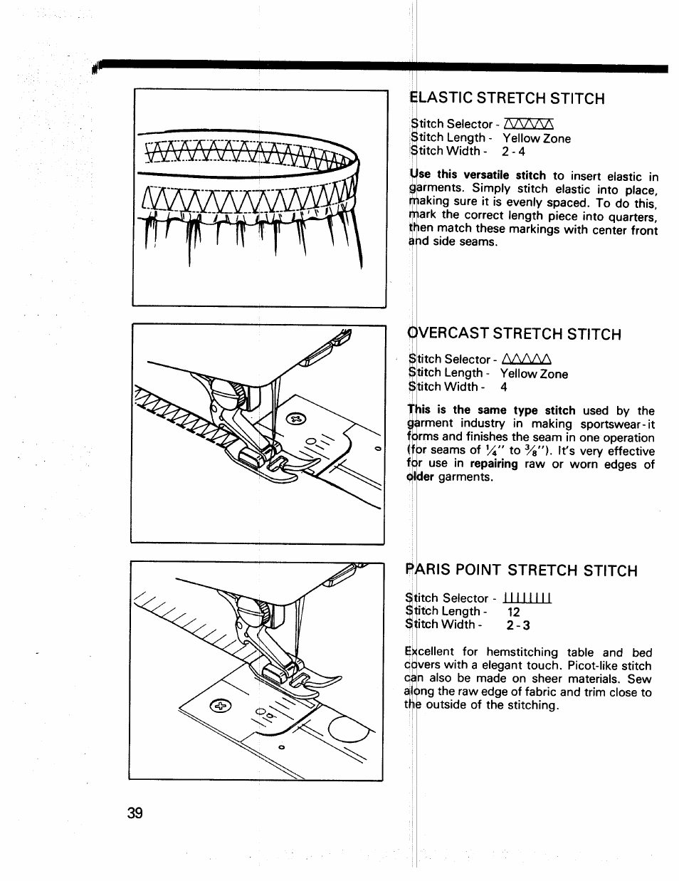 Elastic stretch stitch, Cf)vercast stretch stitch, Ris point stretch stitch | Irlh | Kenmore 17922 User Manual | Page 40 / 48