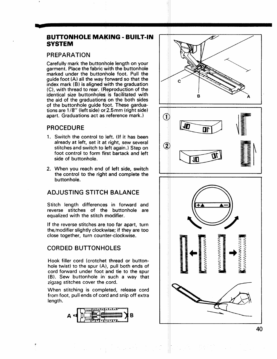 Buttonhole making - built-in system, Preparation, Procedure | Adjusting stitch balance, Corded buttonholes | Kenmore 17922 User Manual | Page 41 / 48