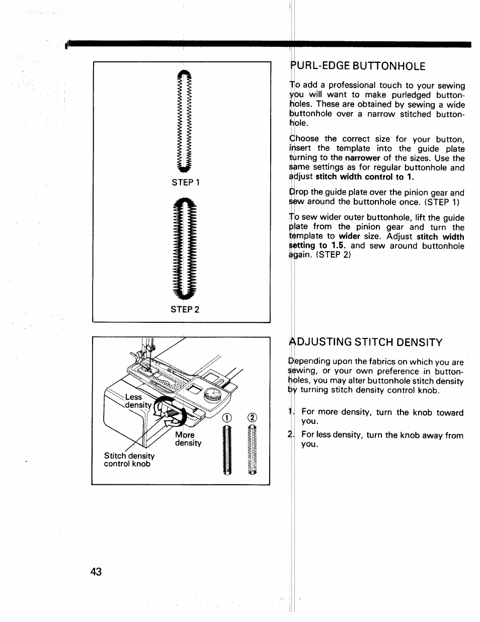 Purl-edge buttonhole, Adjusting stitch density | Kenmore 17922 User Manual | Page 44 / 48