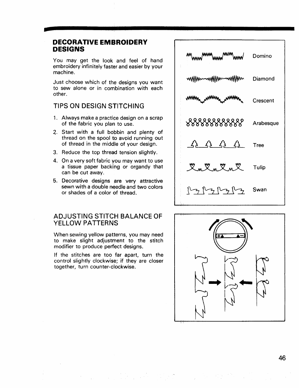 Decorative embroidery designs, Tips on design stitching, Adjusting stitch balance of yellow patterns | Kenmore 17922 User Manual | Page 47 / 48