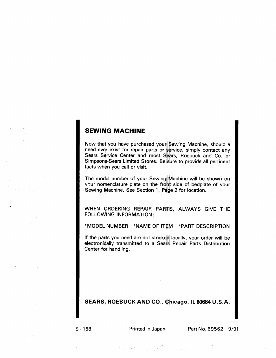 Sewing machine, Sears, roebuck and co., îfhicago, il60684 u s a | Kenmore 17922 User Manual | Page 48 / 48