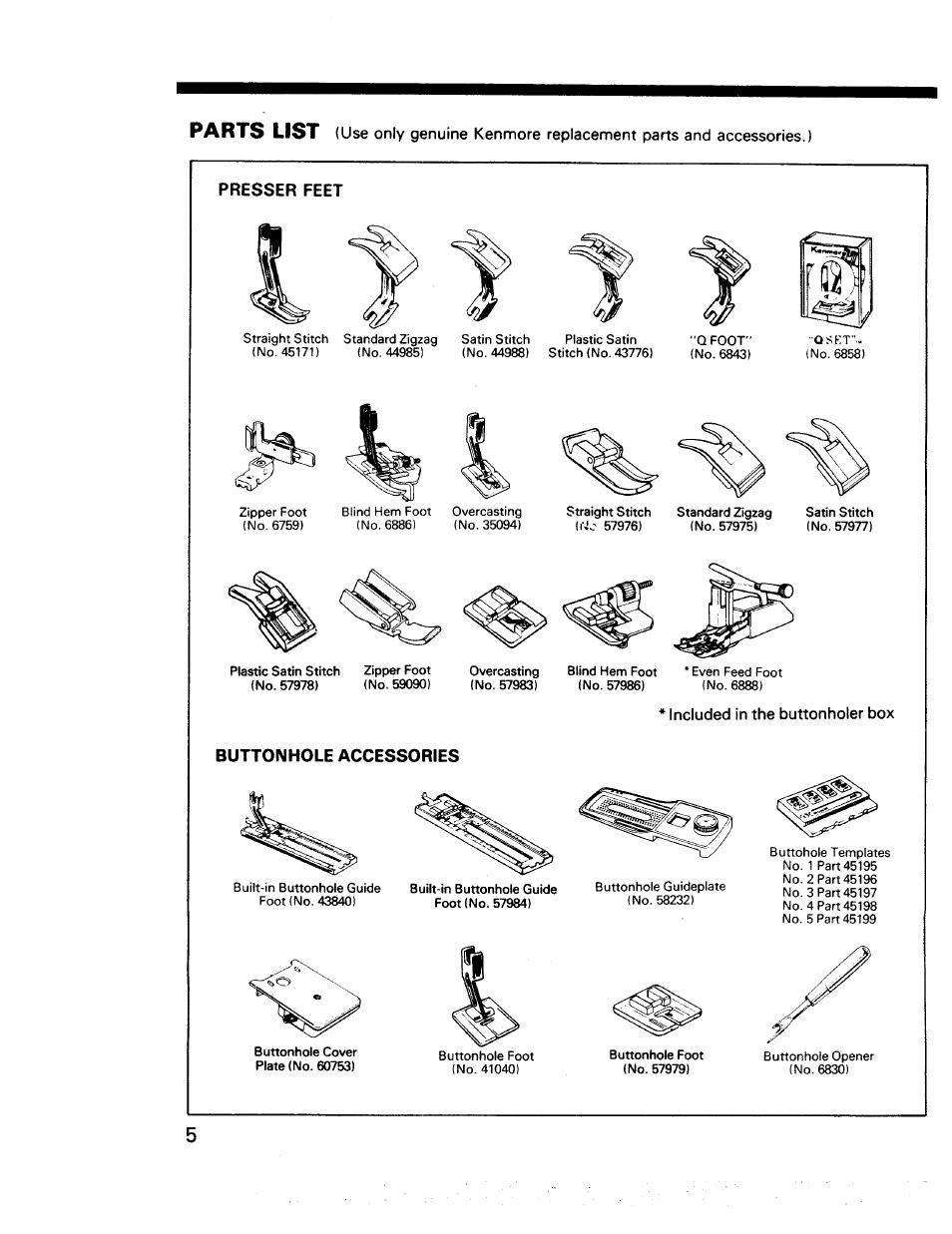 Presser feet, Buttonhole accessories, Parts list | Kenmore 17922 User Manual | Page 6 / 48