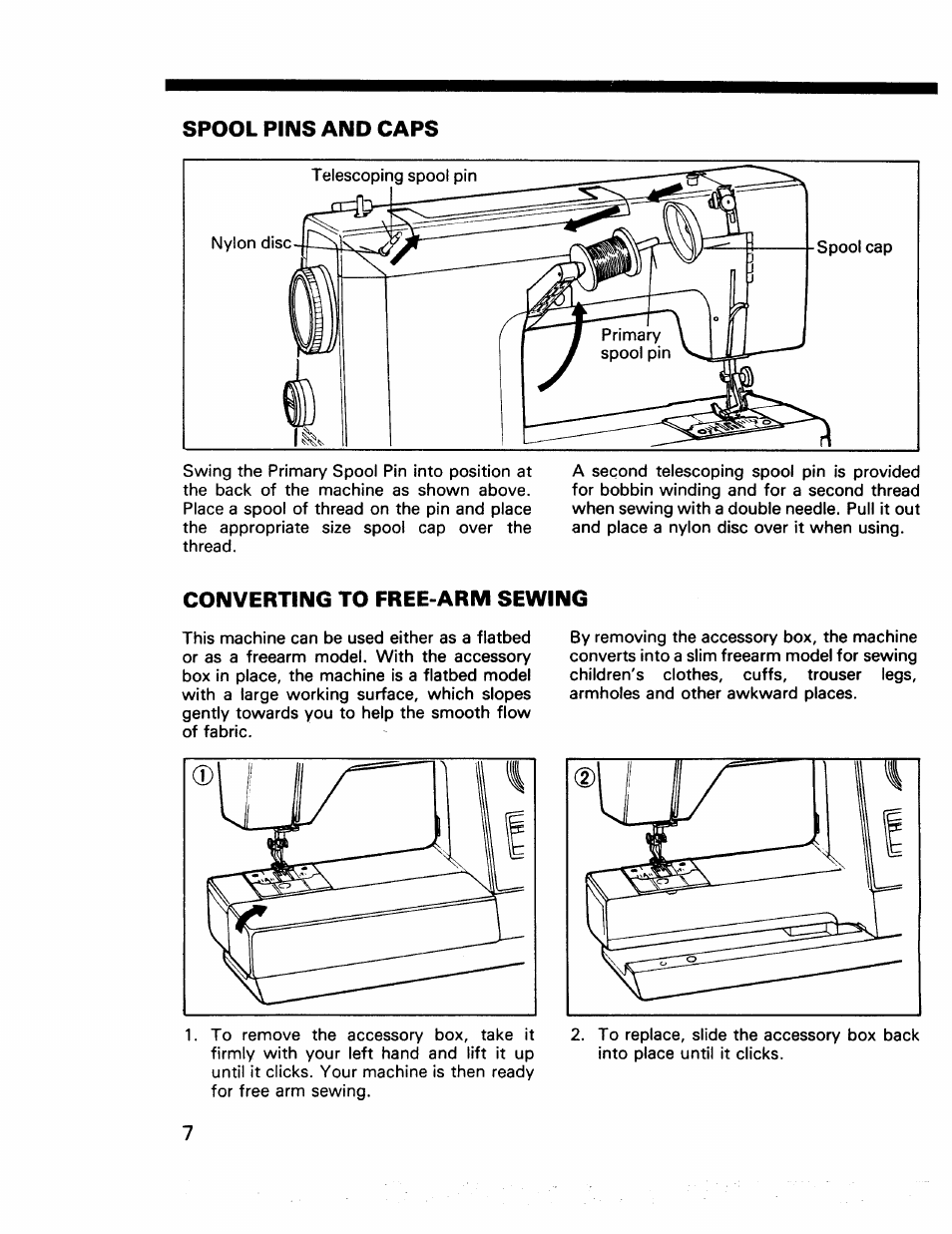 Spool pins and caps, Converting to free-arm sewing, Spool pins and caps converting to free-arm sewing | Kenmore 17922 User Manual | Page 8 / 48