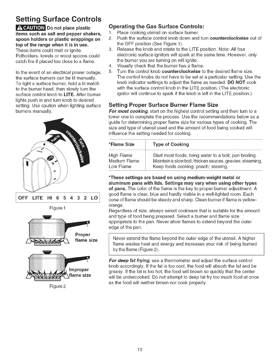 Operating the gas surface controls, Setting proper surface burner flame size, Type of cooking | Setting surface controls | Kenmore 790.754 User Manual | Page 10 / 30