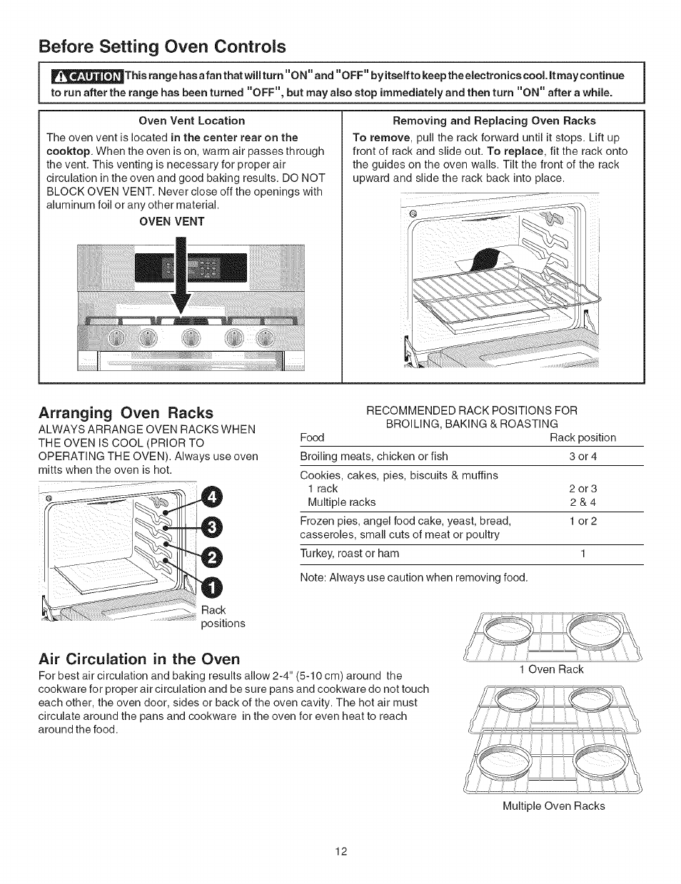 Ik caution, Oven vent location, Oven vent | Removing and replacing oven racks, Arranging oven racks, Air circulation in the oven, Before setting oven controls | Kenmore 790.754 User Manual | Page 12 / 30